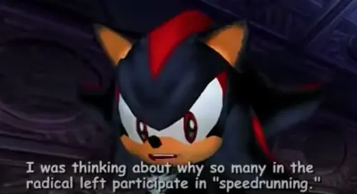 Shadow the Hedgehog saying: "I was thinking about why so many in the radical left participate in 'speedrunning.'"